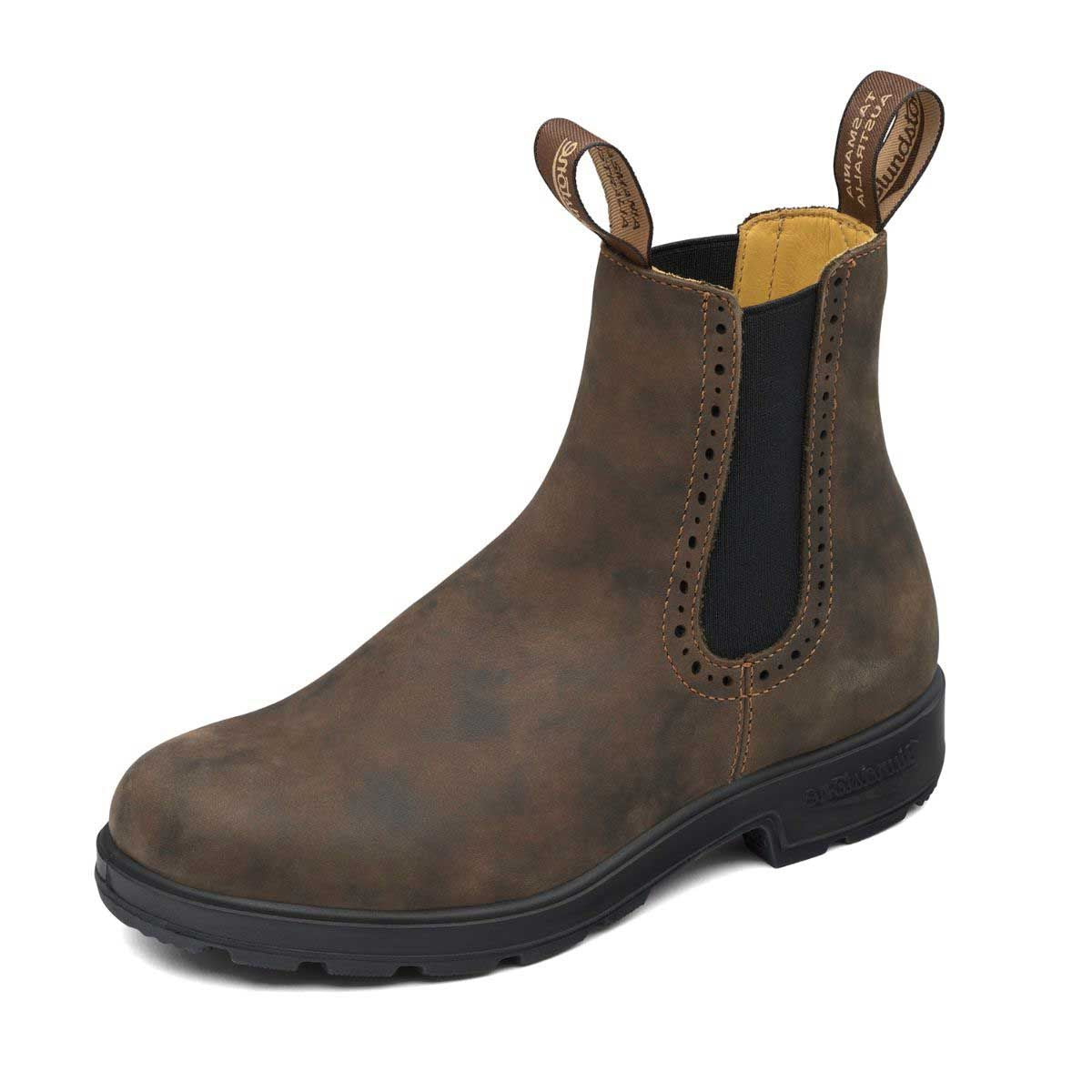 High top rustic brown blundstone boot with eyelet detail around black elastic.