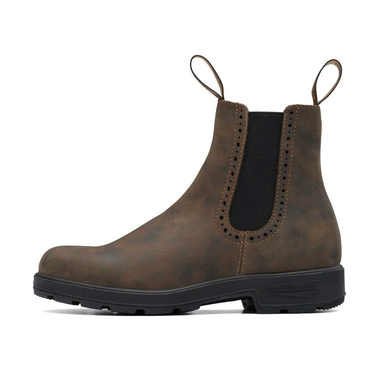 High top rustic brown blundstone boot with eyelet detail around black elastic.