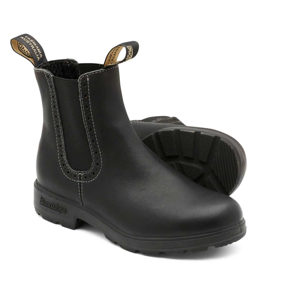 Women's high top blundstone boots in black, with eyelet detail around elastic.