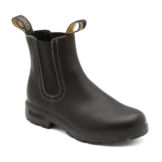 Women's high top blundstone boot in black, with eyelet detail around elastic.