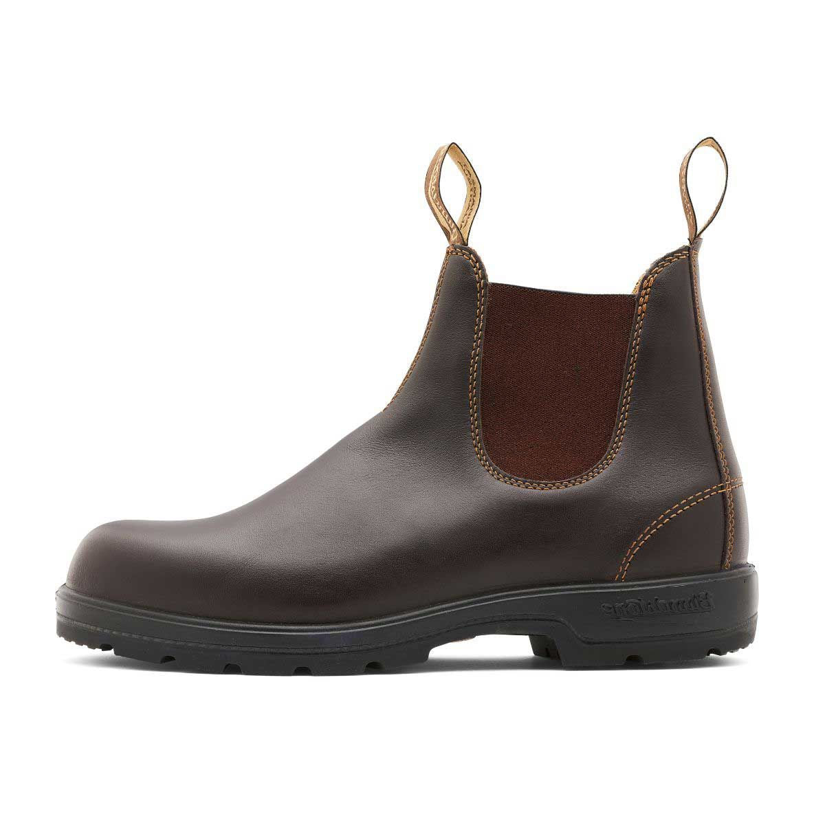 Interior side view of right walnut brown blundstone boot.