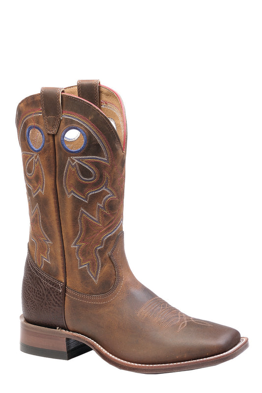 Wide square toe men's leather boulet cowboy in brown with purple and orange details.