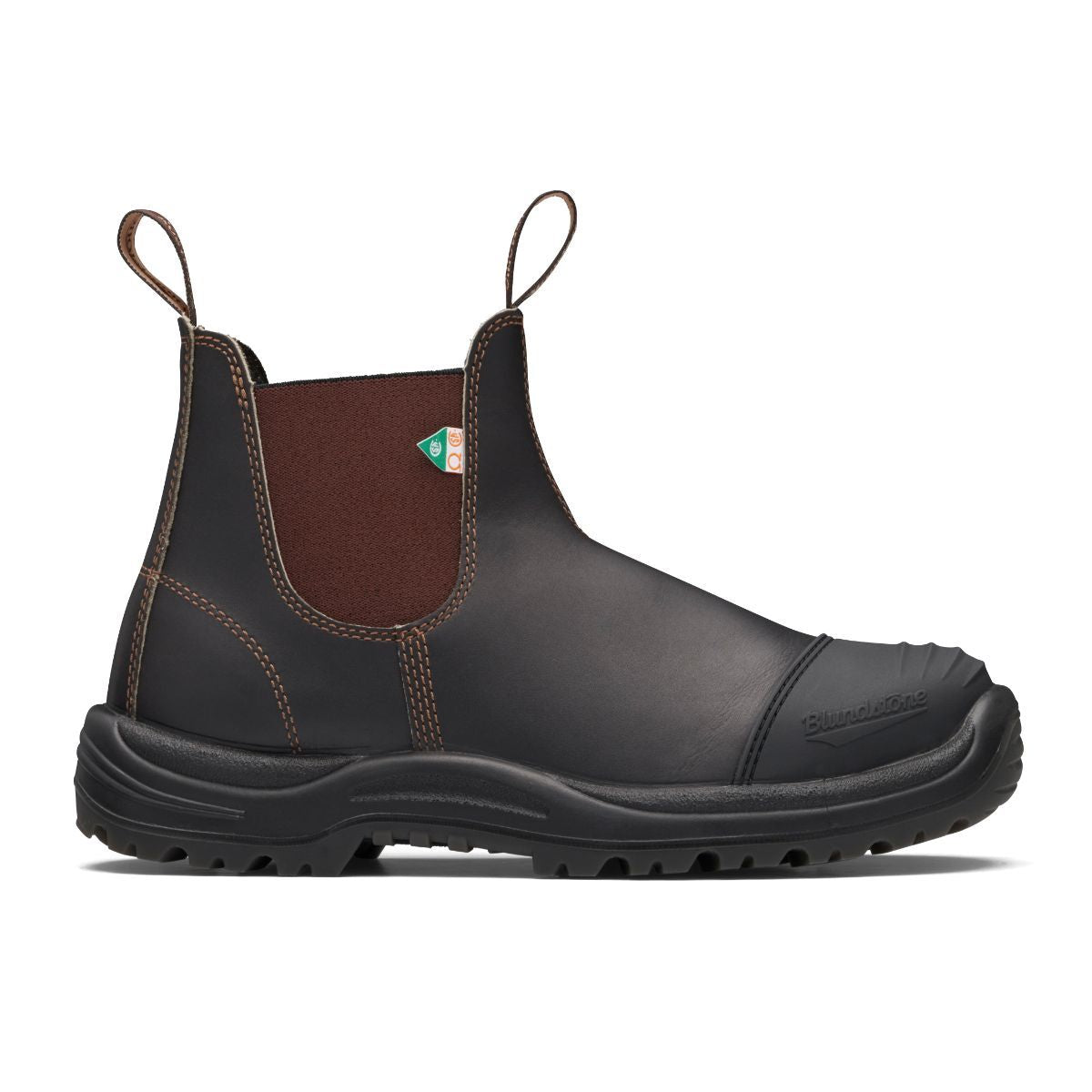 Profile of Blundstone 167 CSA steel toed boot with rubber cap in stout brown.