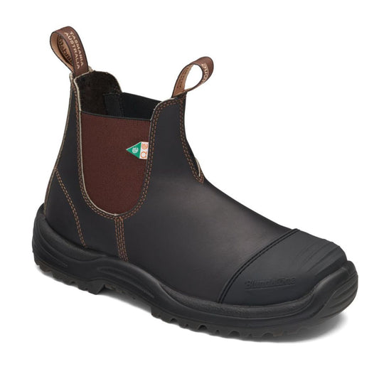 Blundstone 167 CSA steel toed boot with rubber cap in stout brown.