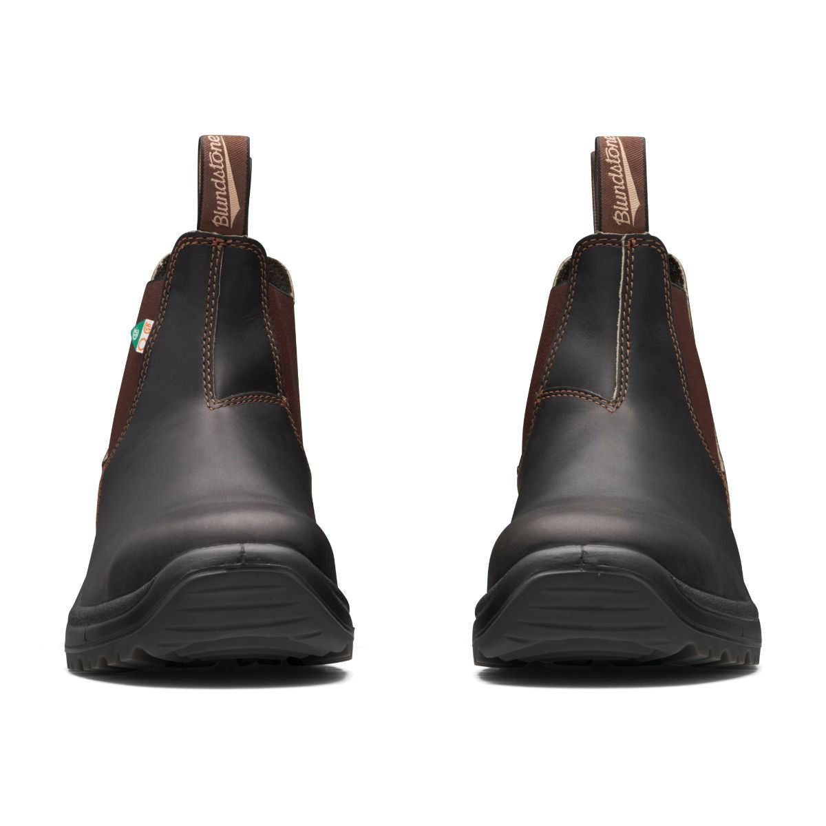 Front view of a pair of Blundstone CSA steel toed boots in stout brown colour with brown elastic.