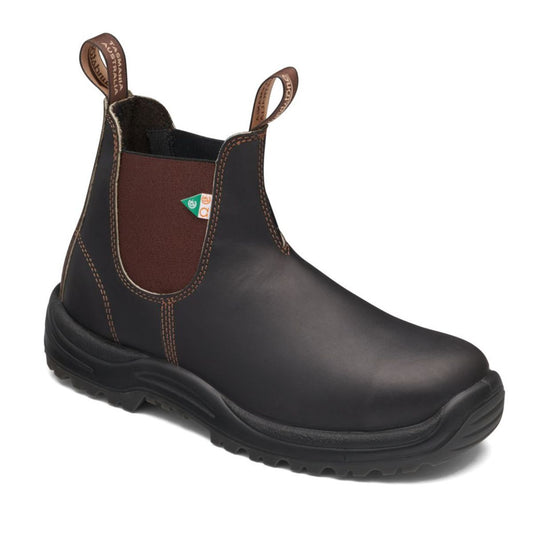 Blundstone CSA steel toed boot in stout brown colour with brown elastic.