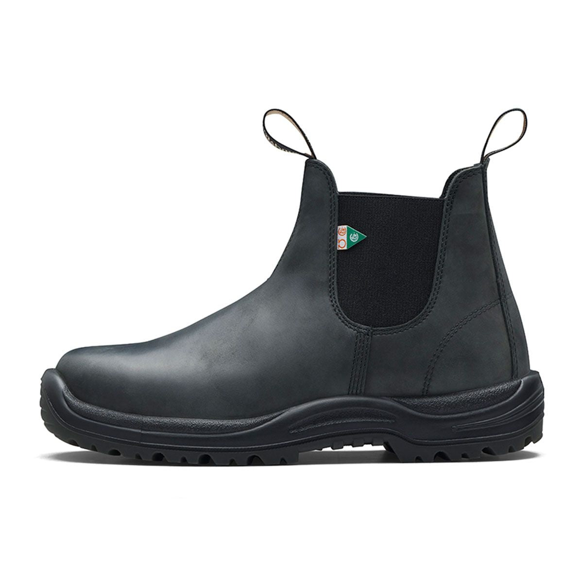 Profile view of a Blundstone CSA steel toed boot in rustic black.