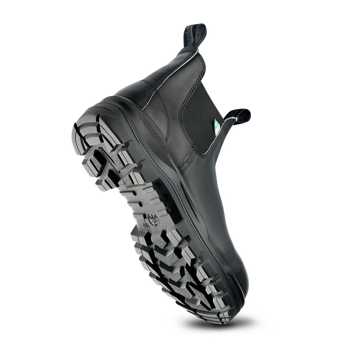 Showing the new black rotoflex composite toe Blundstone CSA boot from an angle pointing upwards to see the sole along with the leather upper.