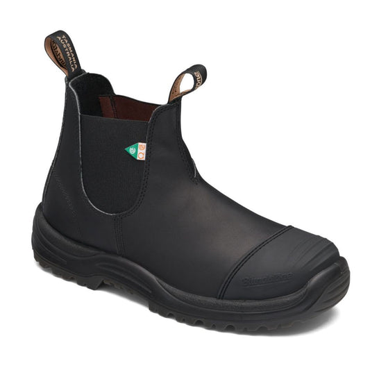 Blundstone CSA steel toe boot with rubber cap in black.