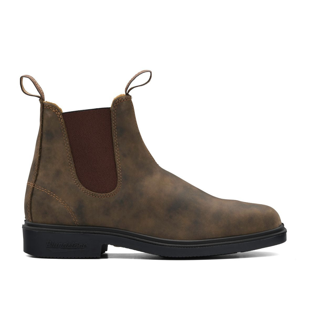 Rustic brown chisel toe dress Blundstone boot, interior side view.