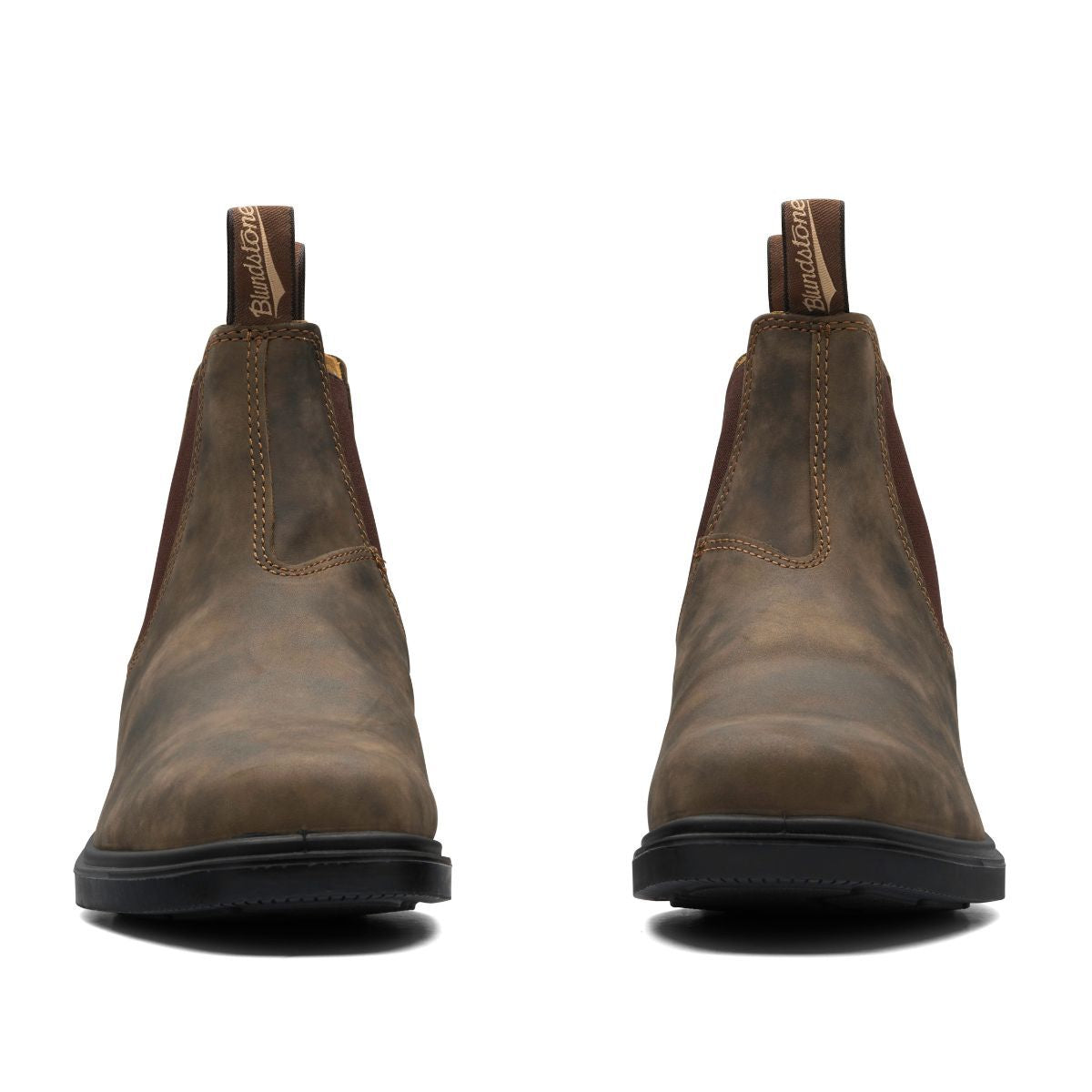 Rustic brown chisel toe dress Blundstone boot, front view.