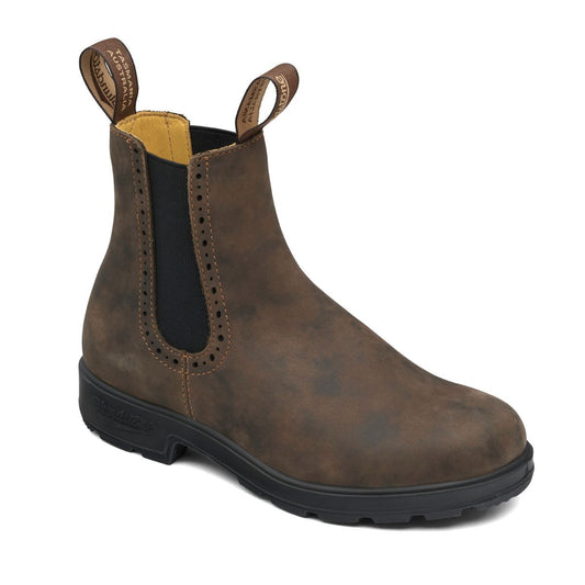 High top rustic brown blundstone boot with eyelet detail around black elastic.