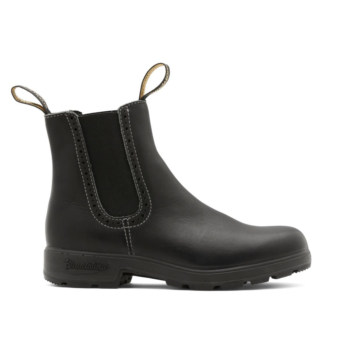 Women's high top blundstone boot in black, with eyelet detail around elastic, outside of right boot.