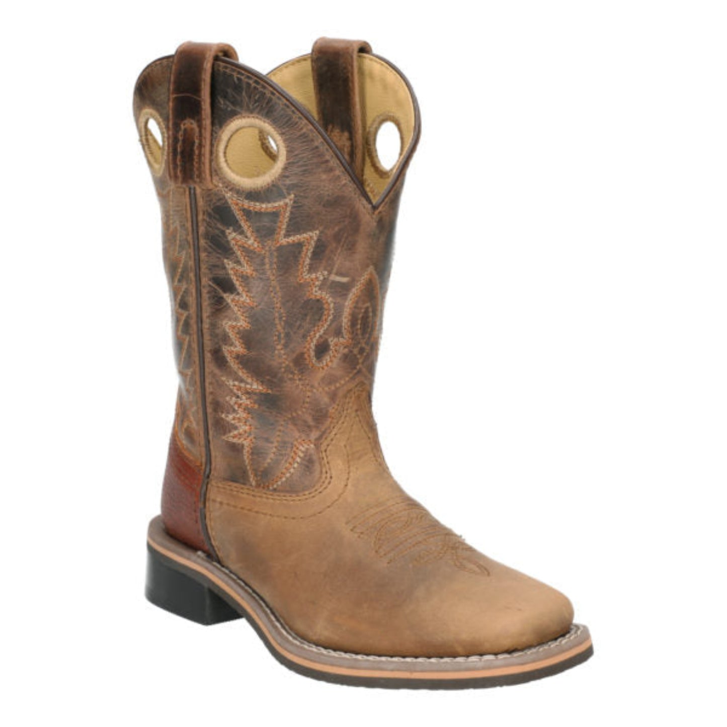 Boulet Brown Youth Wide Square Toe cowboy boot with intricate stitching 