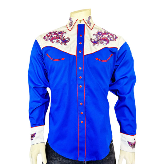 Rockmount Men’s Vintage 2-Tone Royal Blue & White Floral Embroidered Western Shirt - 6789